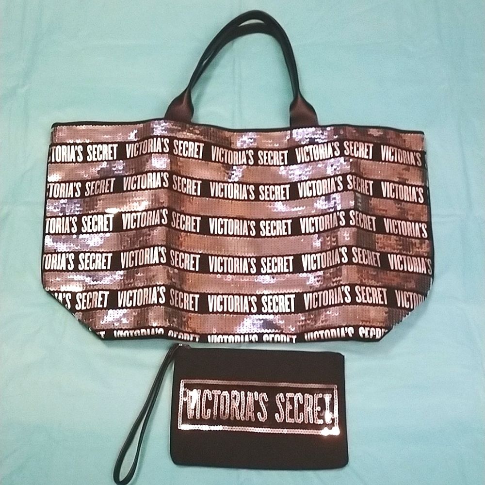 BNWOT Victoria's Secret Black With Sequins Tote & Wristlet Set